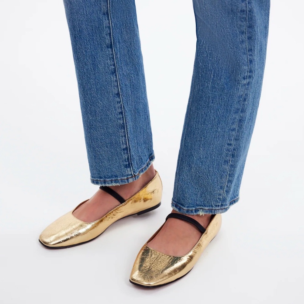 Gold Ballet Flats with Black Strap